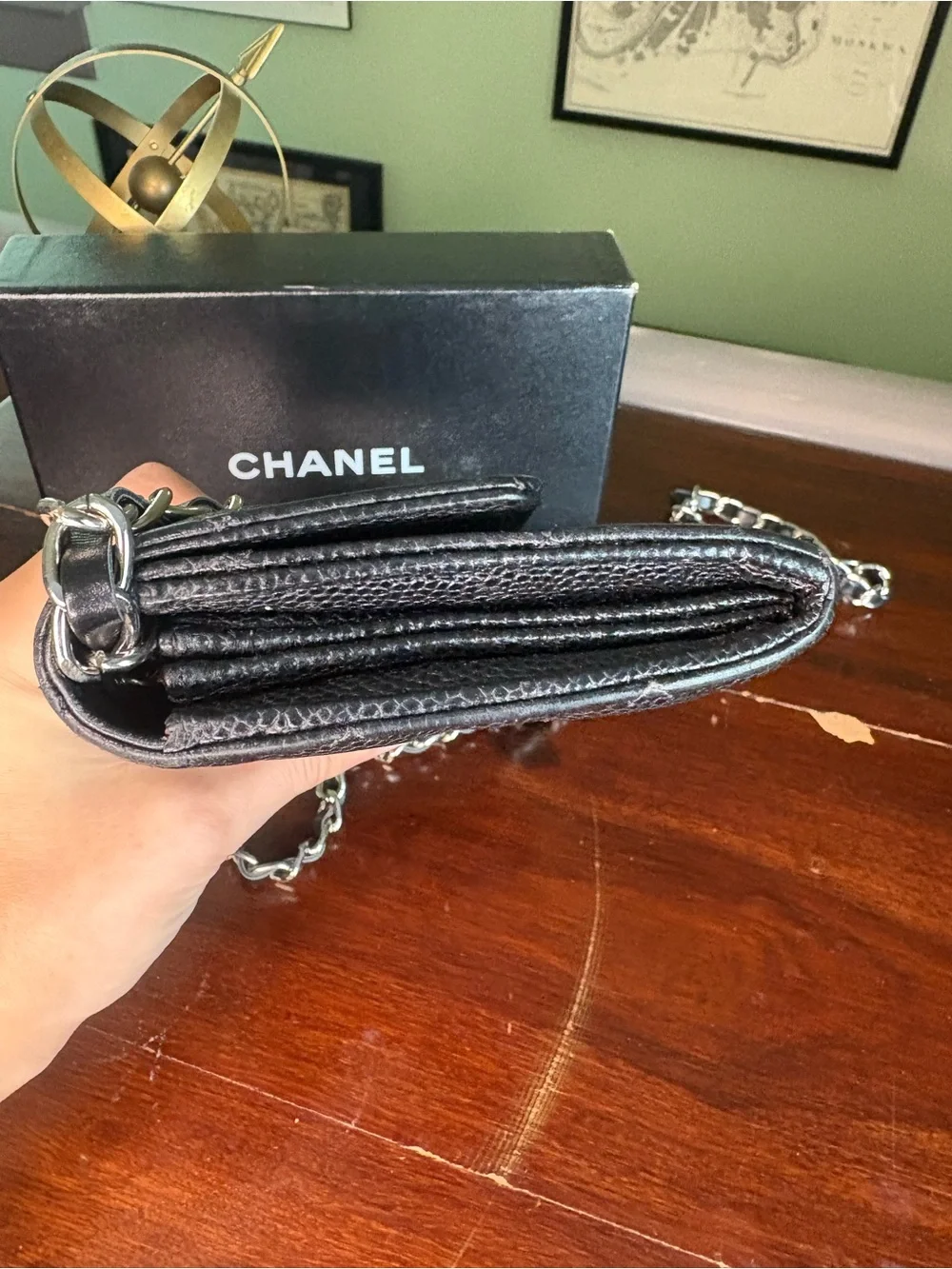 CHANEL Black Quilted Silver Hardware Wallet with Added Chain